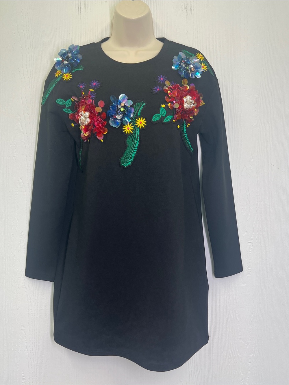Mango - Colorful Floral Embellishment Long Sleeve Lightweight Mini Dress SZ M/L